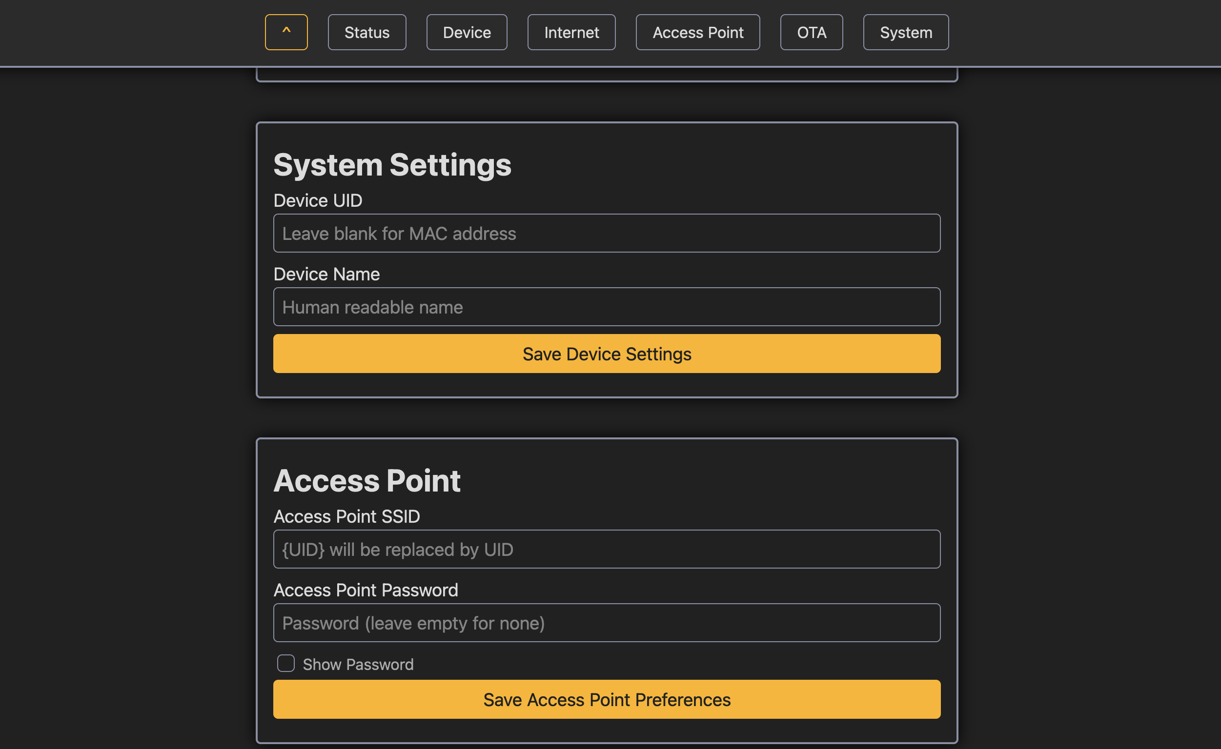 Web Interface of the firmware